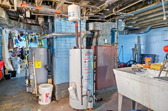 utility room with water heater and a sink