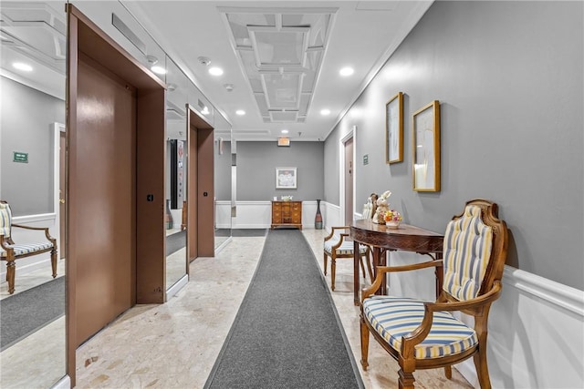 hallway with recessed lighting, light carpet, elevator, and crown molding