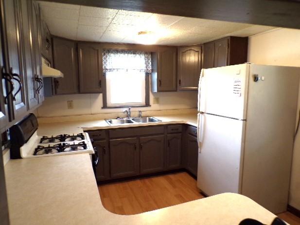 kitchen with light wood-style flooring, a sink, white appliances, exhaust hood, and light countertops