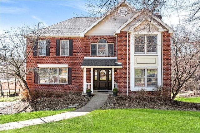 view of front of home featuring brick siding, roof with shingles, and a front yard