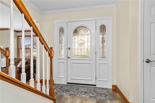 foyer with stairs, baseboards, and crown molding