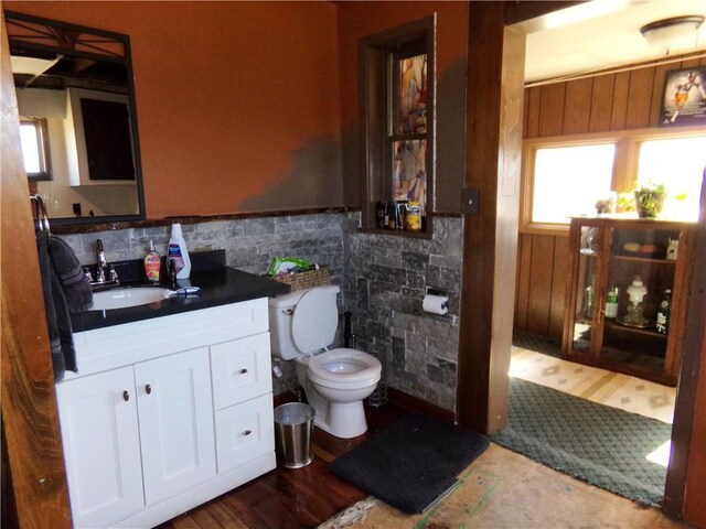 bathroom featuring tile walls, a wainscoted wall, toilet, and vanity