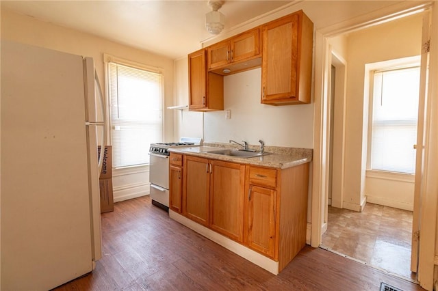 kitchen featuring plenty of natural light, gas stove, freestanding refrigerator, and a sink