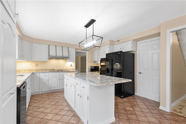 kitchen featuring a kitchen island, black appliances, white cabinets, and light tile patterned flooring