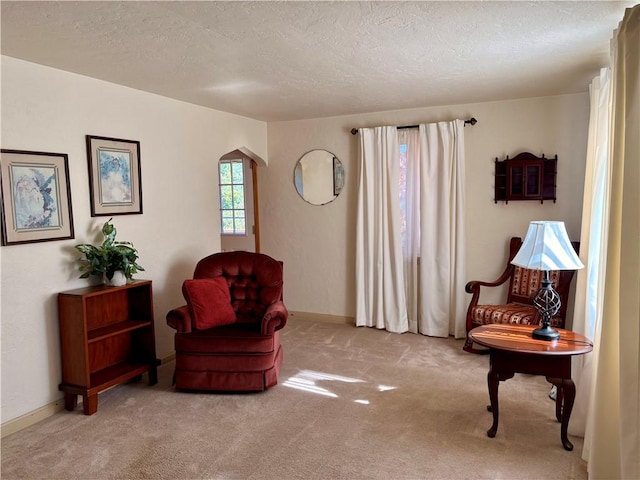 living area featuring baseboards, arched walkways, carpet floors, and a textured ceiling