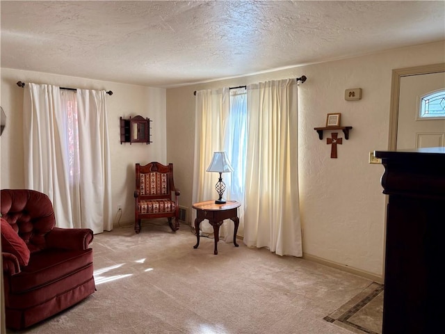 sitting room featuring baseboards, light carpet, a textured ceiling, and a textured wall