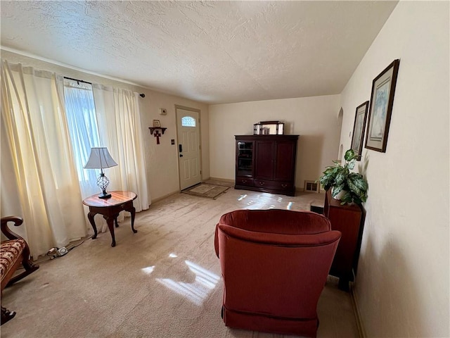 carpeted living room with visible vents and a textured ceiling