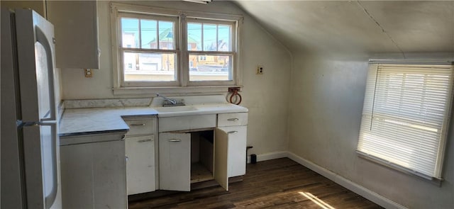 kitchen featuring dark wood-type flooring, a wealth of natural light, freestanding refrigerator, and a sink