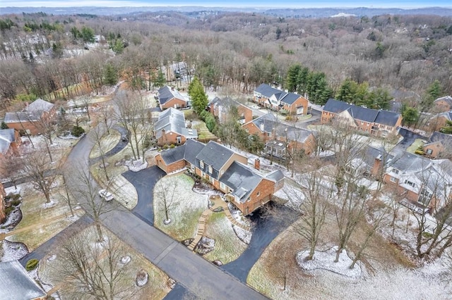 birds eye view of property featuring a wooded view and a residential view