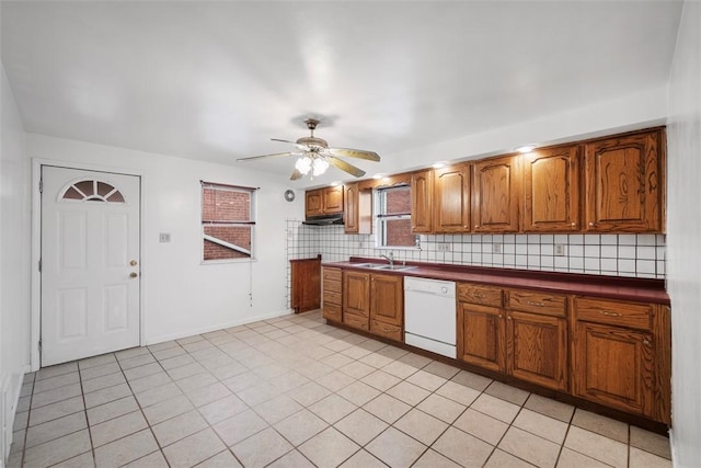 kitchen featuring brown cabinetry, a sink, dishwasher, dark countertops, and tasteful backsplash