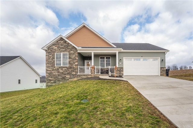 craftsman inspired home featuring a front lawn, stone siding, covered porch, concrete driveway, and a garage