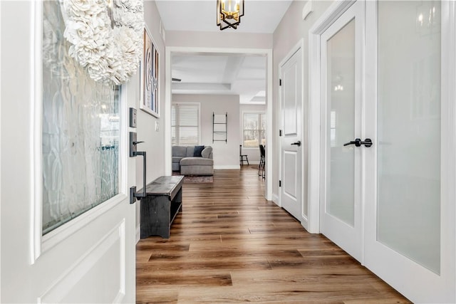 foyer entrance with a notable chandelier, wood finished floors, and baseboards