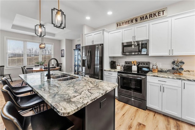 kitchen with appliances with stainless steel finishes, a raised ceiling, light wood-style floors, and a sink