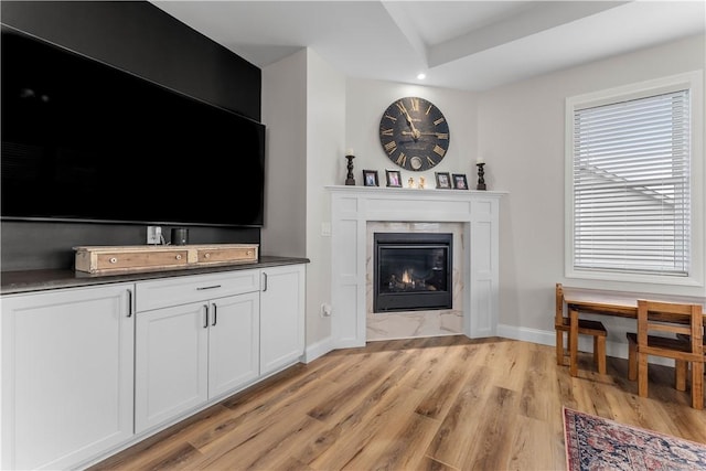 living area with light wood-style flooring, a fireplace, and baseboards