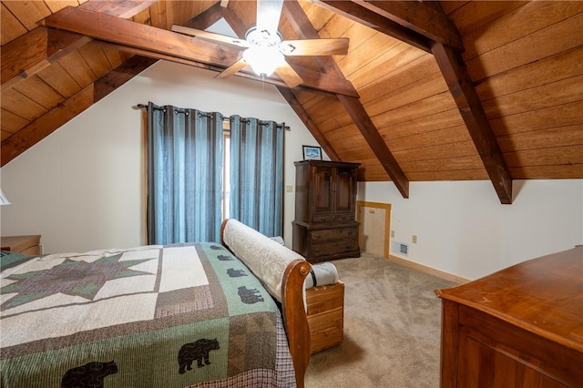 bedroom with visible vents, light carpet, wooden ceiling, and vaulted ceiling with beams