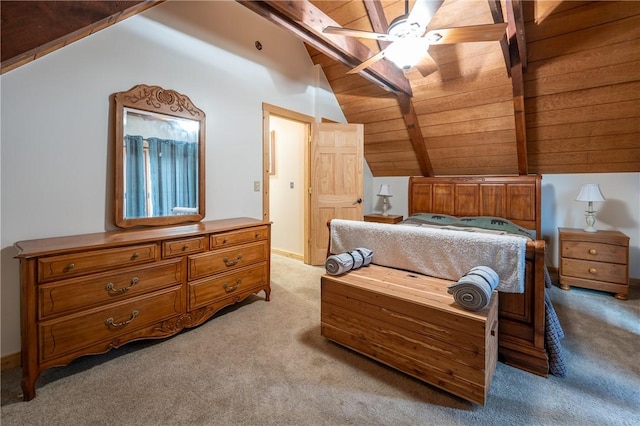 bedroom featuring light carpet, vaulted ceiling with beams, wood ceiling, and ceiling fan