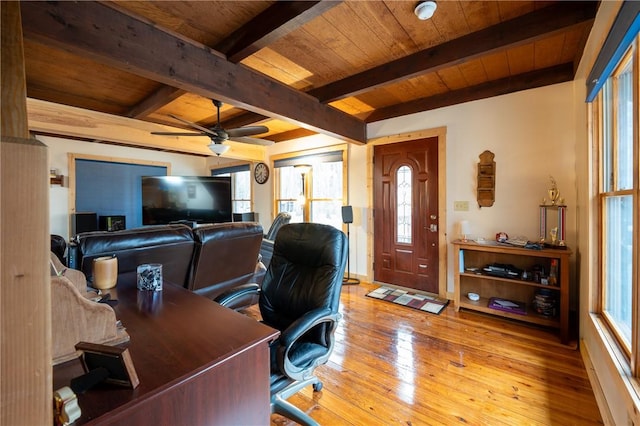 office featuring beam ceiling, wood ceiling, a ceiling fan, and hardwood / wood-style flooring