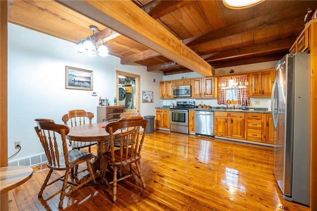 kitchen featuring brown cabinets, a notable chandelier, light wood-style flooring, a sink, and appliances with stainless steel finishes