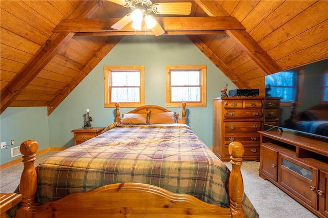 bedroom featuring light colored carpet, wooden ceiling, and vaulted ceiling with beams