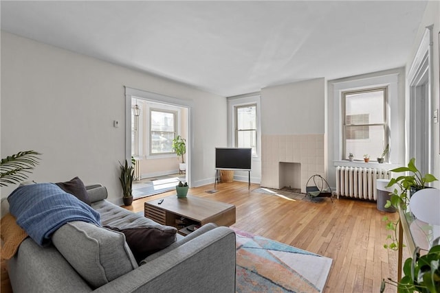 living area with baseboards, radiator, light wood-style flooring, and a tiled fireplace