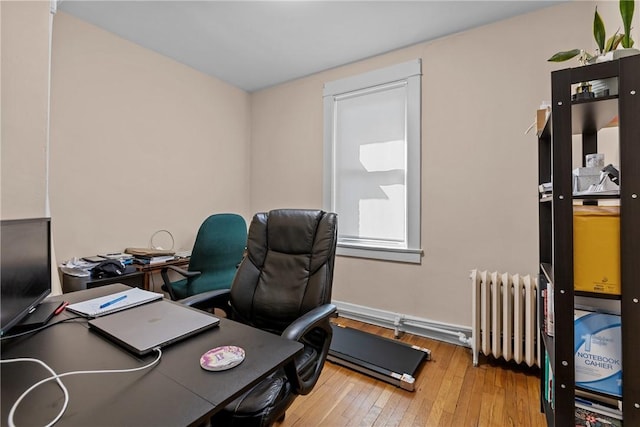 office area featuring radiator, baseboards, and wood-type flooring