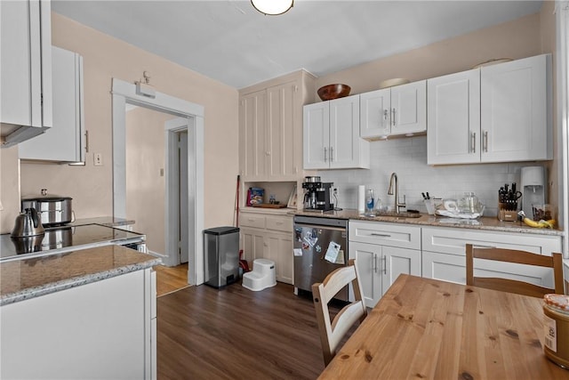 kitchen featuring a sink, stainless steel dishwasher, and white cabinetry