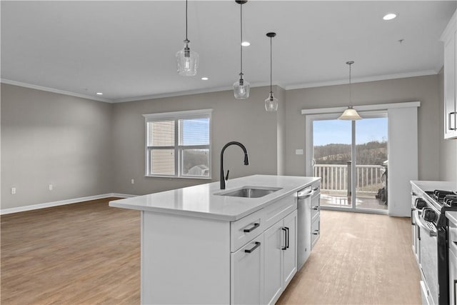 kitchen with light countertops, light wood-type flooring, stainless steel appliances, and a sink