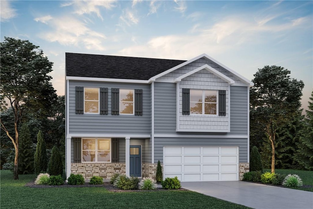 craftsman house with concrete driveway, a garage, stone siding, and a front yard