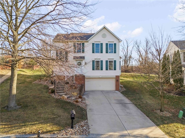 traditional home with stairway, an attached garage, concrete driveway, a front lawn, and brick siding