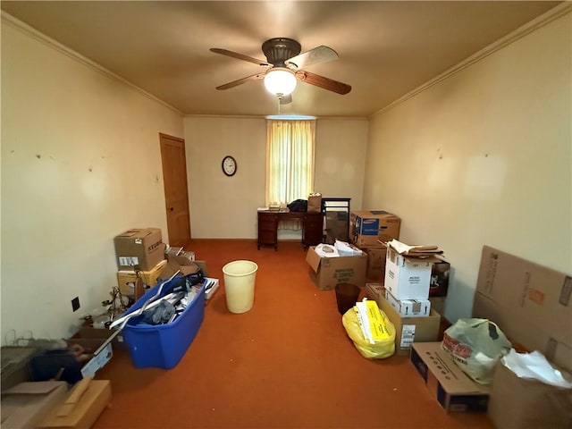 interior space with carpet flooring, a ceiling fan, and ornamental molding