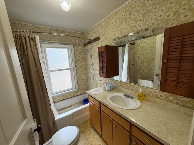 bathroom with toilet, wallpapered walls, vanity, and shower / bathtub combination with curtain