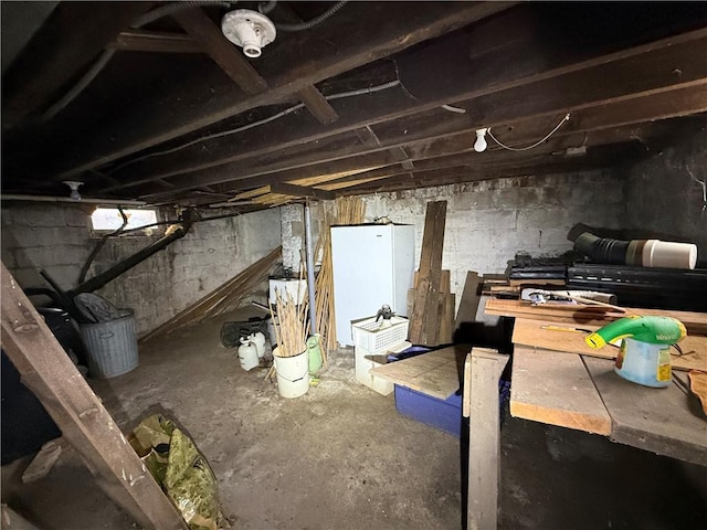 basement with freestanding refrigerator