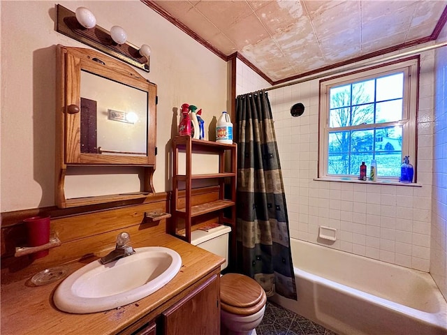 bathroom with vanity, toilet, crown molding, and shower / bath combination with curtain