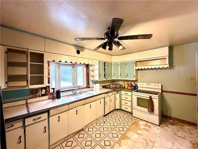 kitchen with a ceiling fan, white electric range, open shelves, a sink, and baseboards