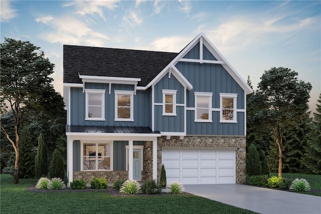 view of front of home with board and batten siding, a shingled roof, an attached garage, stone siding, and driveway