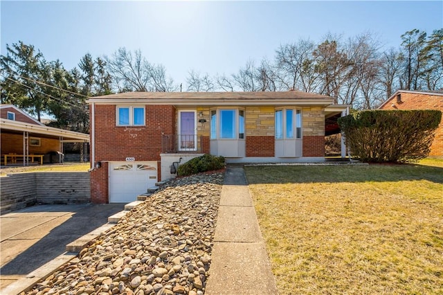 ranch-style home with an attached garage, concrete driveway, a front lawn, stone siding, and brick siding