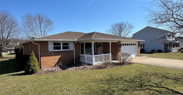 ranch-style home featuring a front yard, a porch, concrete driveway, a garage, and brick siding