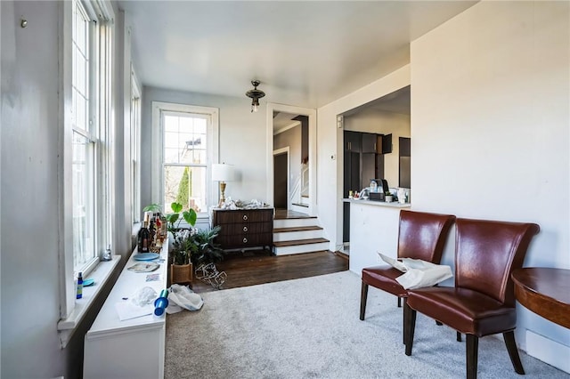 living area featuring carpet flooring, wood finished floors, and stairs