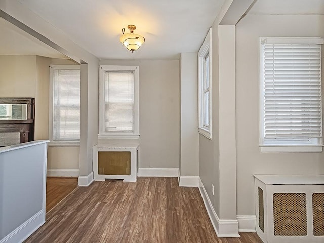 unfurnished dining area featuring baseboards and wood finished floors