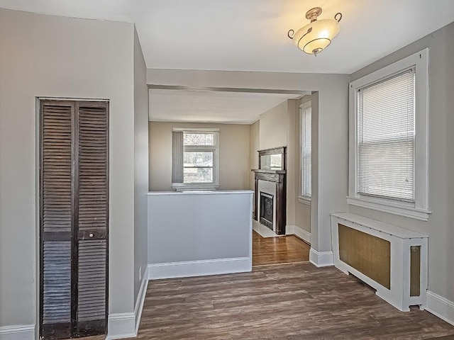 interior space with baseboards, a fireplace with flush hearth, and wood finished floors