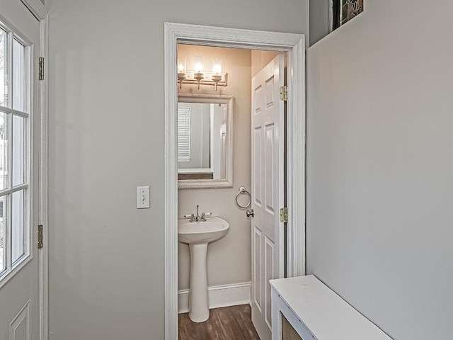 bathroom featuring wood finished floors, baseboards, and a sink