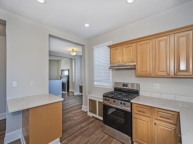 kitchen with baseboards, radiator heating unit, stainless steel range with gas stovetop, dark wood-style flooring, and under cabinet range hood