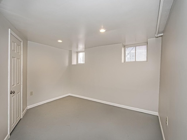 below grade area featuring recessed lighting and baseboards