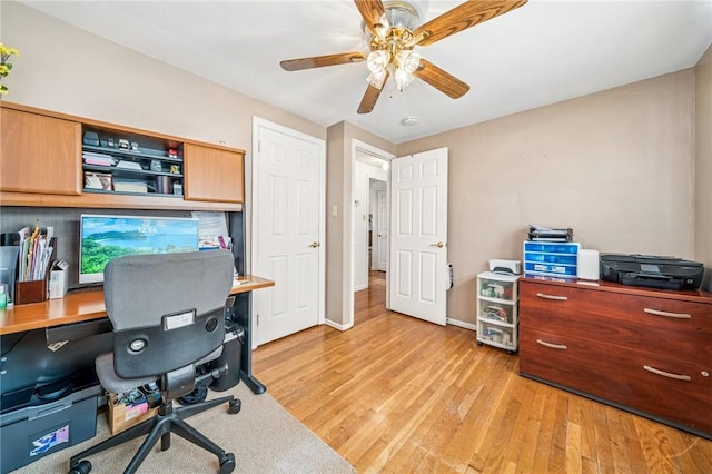 office with baseboards, ceiling fan, and light wood finished floors