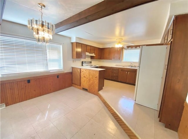 kitchen featuring brown cabinets, electric stove, under cabinet range hood, a sink, and freestanding refrigerator