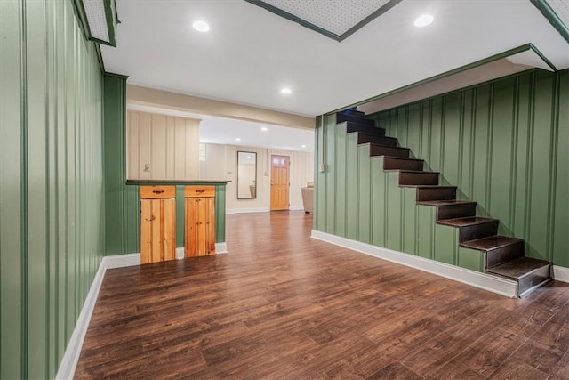 interior space with recessed lighting, stairway, baseboards, and wood finished floors