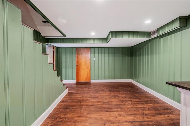 interior space with recessed lighting, stairway, baseboards, and wood finished floors