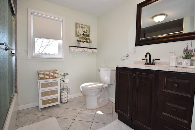 full bath featuring baseboards, toilet, shower / bath combination, tile patterned floors, and vanity