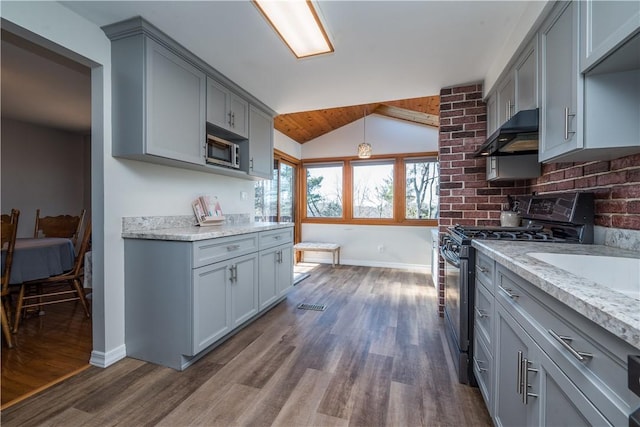 kitchen featuring extractor fan, lofted ceiling, gray cabinets, stainless steel appliances, and dark wood-style flooring