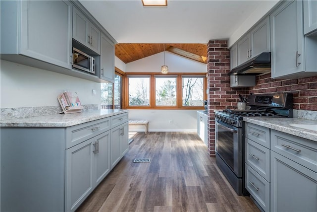 kitchen featuring gray cabinetry, dark wood-type flooring, under cabinet range hood, vaulted ceiling, and appliances with stainless steel finishes